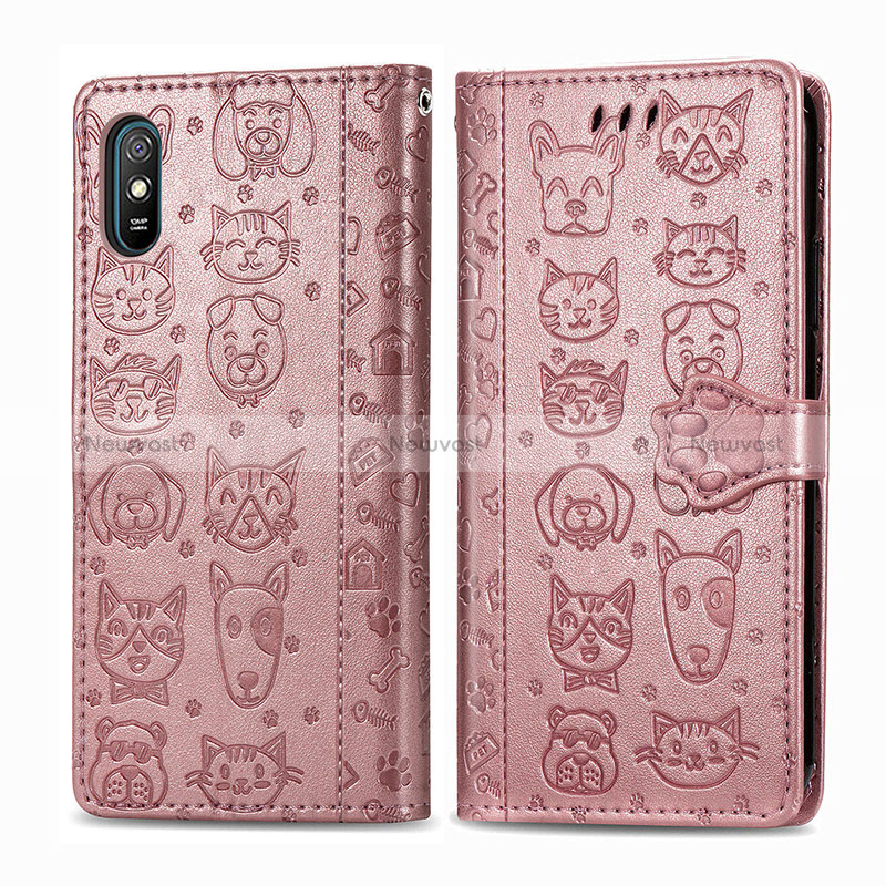 Leather Case Stands Fashionable Pattern Flip Cover Holder S03D for Xiaomi Redmi 9A Rose Gold