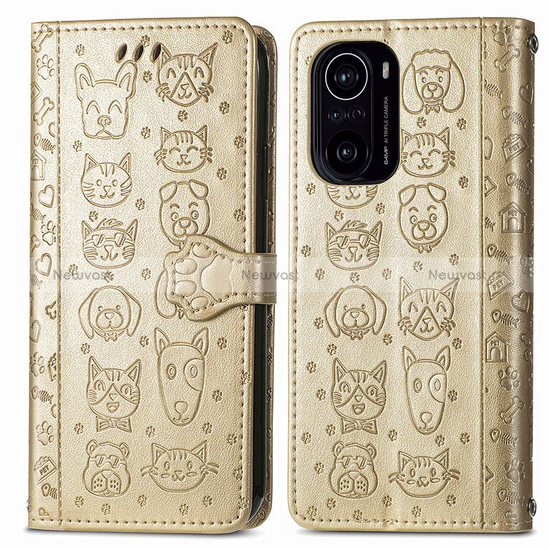 Leather Case Stands Fashionable Pattern Flip Cover Holder S03D for Xiaomi Redmi K40 Pro 5G Gold