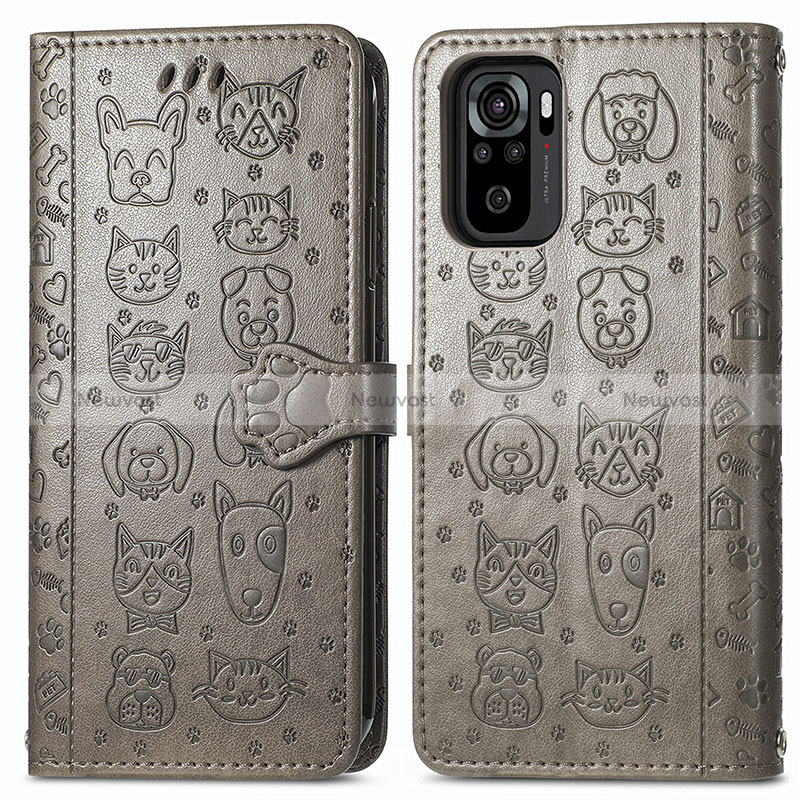 Leather Case Stands Fashionable Pattern Flip Cover Holder S03D for Xiaomi Redmi Note 10 4G Gray