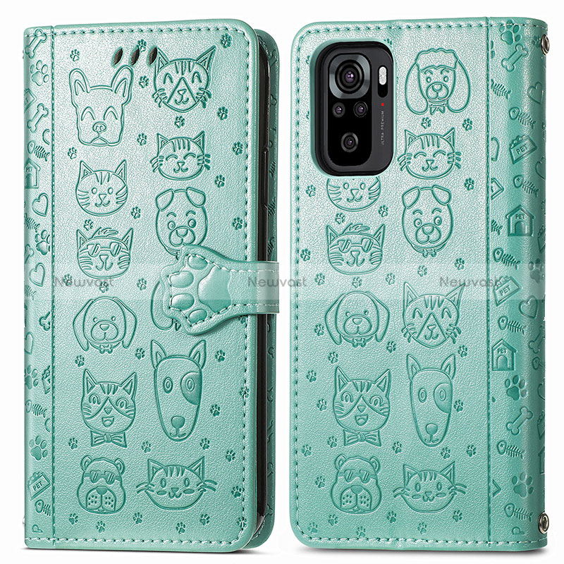 Leather Case Stands Fashionable Pattern Flip Cover Holder S03D for Xiaomi Redmi Note 10 4G Green