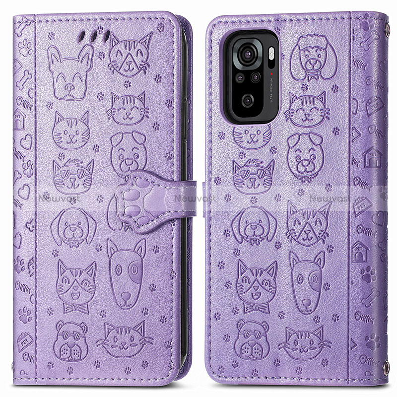 Leather Case Stands Fashionable Pattern Flip Cover Holder S03D for Xiaomi Redmi Note 10 4G Purple