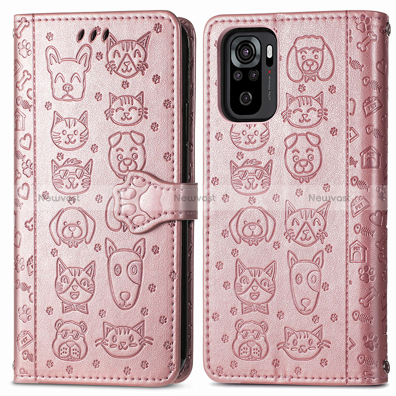 Leather Case Stands Fashionable Pattern Flip Cover Holder S03D for Xiaomi Redmi Note 10 4G Rose Gold