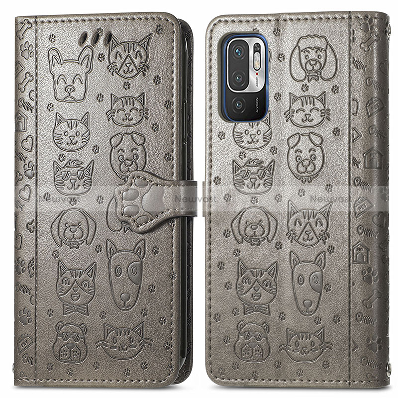 Leather Case Stands Fashionable Pattern Flip Cover Holder S03D for Xiaomi Redmi Note 10 5G Gray