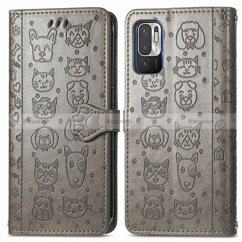 Leather Case Stands Fashionable Pattern Flip Cover Holder S03D for Xiaomi Redmi Note 10 JE 5G Gray