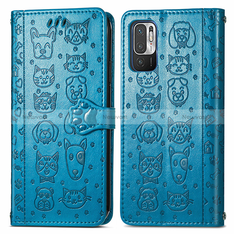 Leather Case Stands Fashionable Pattern Flip Cover Holder S03D for Xiaomi Redmi Note 10T 5G Blue