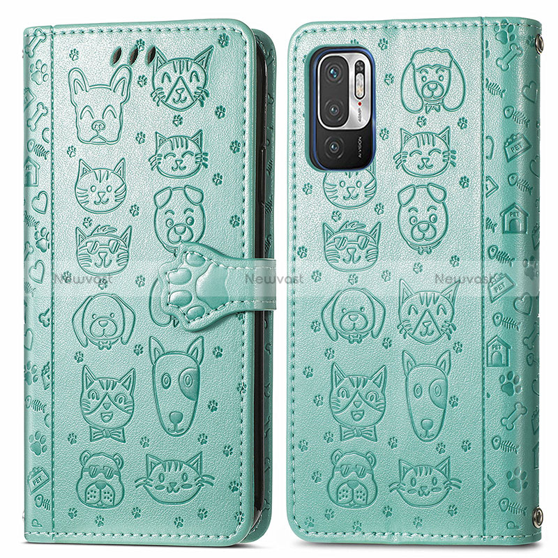 Leather Case Stands Fashionable Pattern Flip Cover Holder S03D for Xiaomi Redmi Note 10T 5G Green