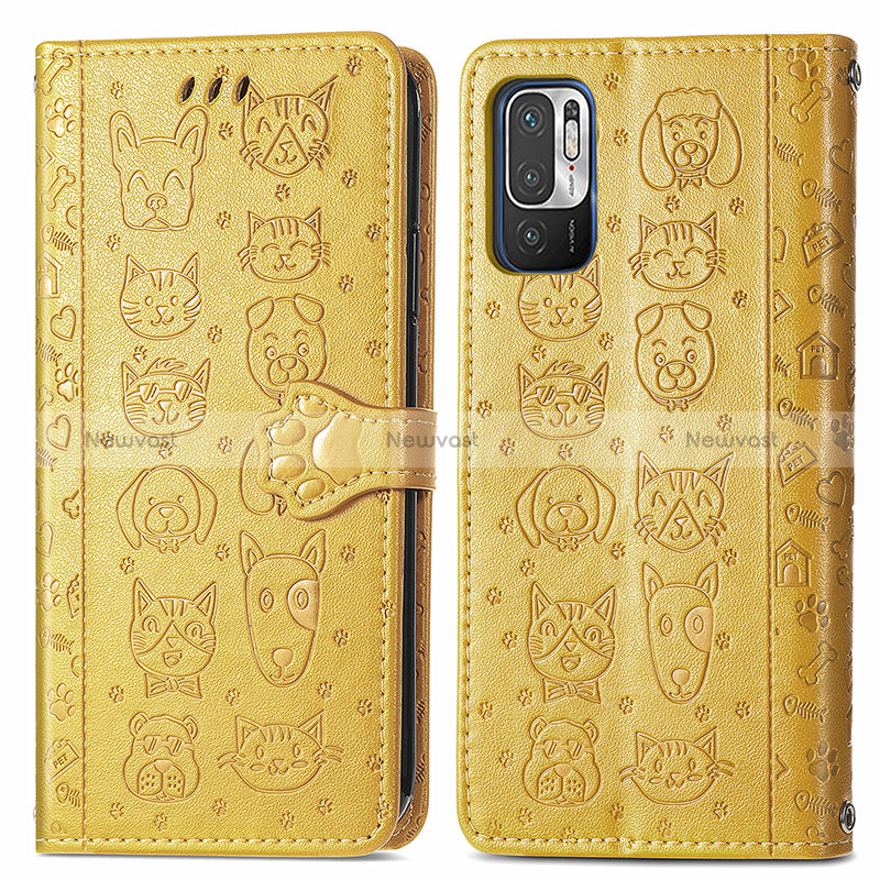 Leather Case Stands Fashionable Pattern Flip Cover Holder S03D for Xiaomi Redmi Note 10T 5G Yellow