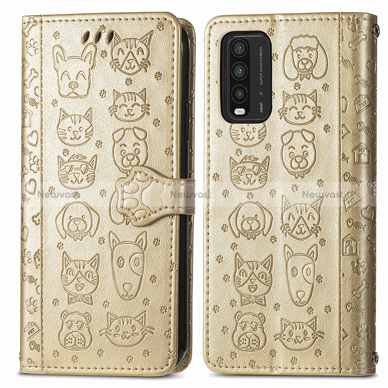 Leather Case Stands Fashionable Pattern Flip Cover Holder S03D for Xiaomi Redmi Note 9 4G Gold