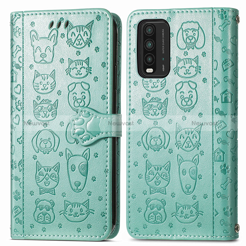 Leather Case Stands Fashionable Pattern Flip Cover Holder S03D for Xiaomi Redmi Note 9 4G Green