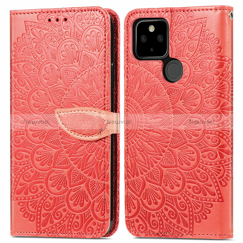 Leather Case Stands Fashionable Pattern Flip Cover Holder S04D for Google Pixel 5a 5G Red