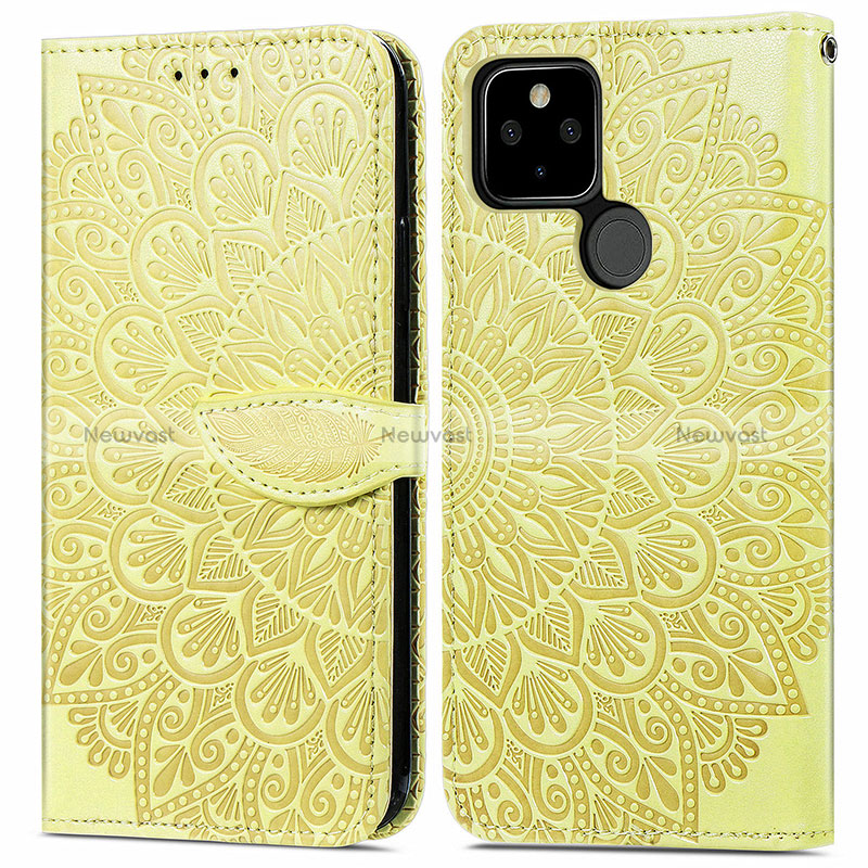 Leather Case Stands Fashionable Pattern Flip Cover Holder S04D for Google Pixel 5a 5G Yellow