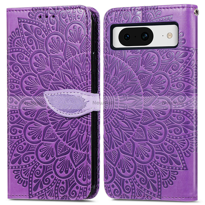 Leather Case Stands Fashionable Pattern Flip Cover Holder S04D for Google Pixel 8 5G Purple