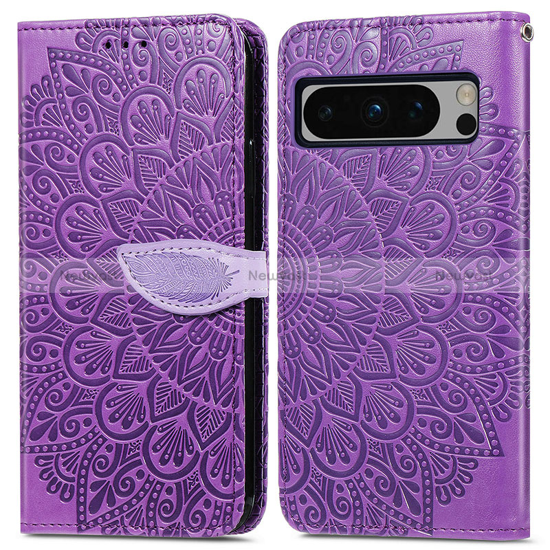 Leather Case Stands Fashionable Pattern Flip Cover Holder S04D for Google Pixel 8 Pro 5G Purple