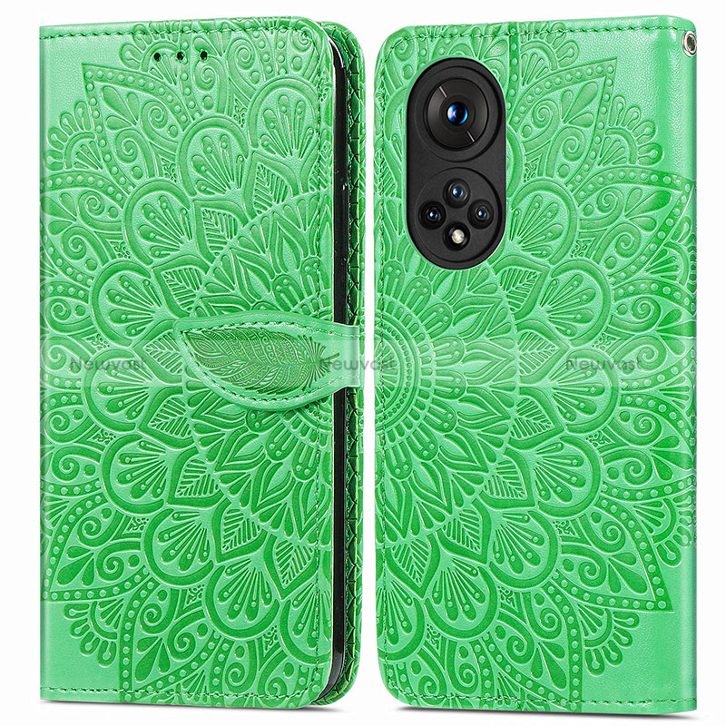 Leather Case Stands Fashionable Pattern Flip Cover Holder S04D for Huawei Honor 50 Pro 5G Green