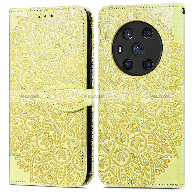 Leather Case Stands Fashionable Pattern Flip Cover Holder S04D for Huawei Honor Magic3 5G Yellow