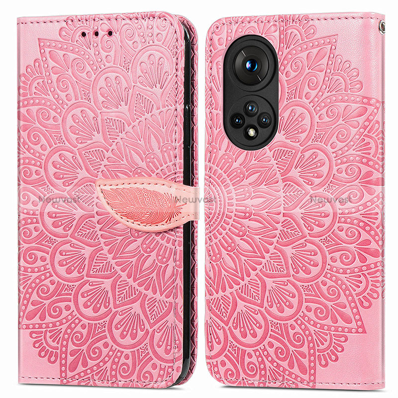 Leather Case Stands Fashionable Pattern Flip Cover Holder S04D for Huawei Nova 9 Pro Rose Gold