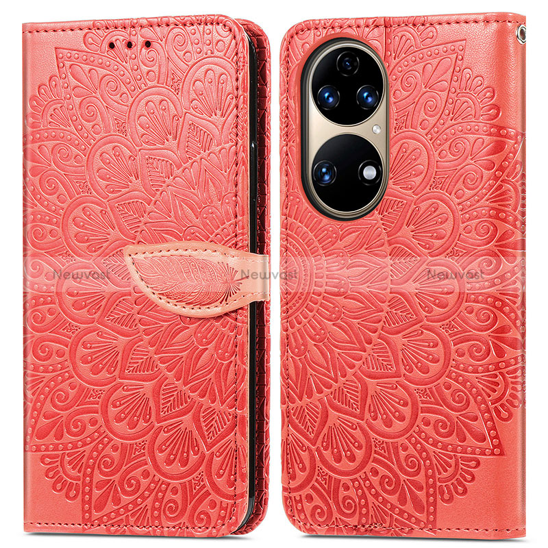 Leather Case Stands Fashionable Pattern Flip Cover Holder S04D for Huawei P50 Pro Red