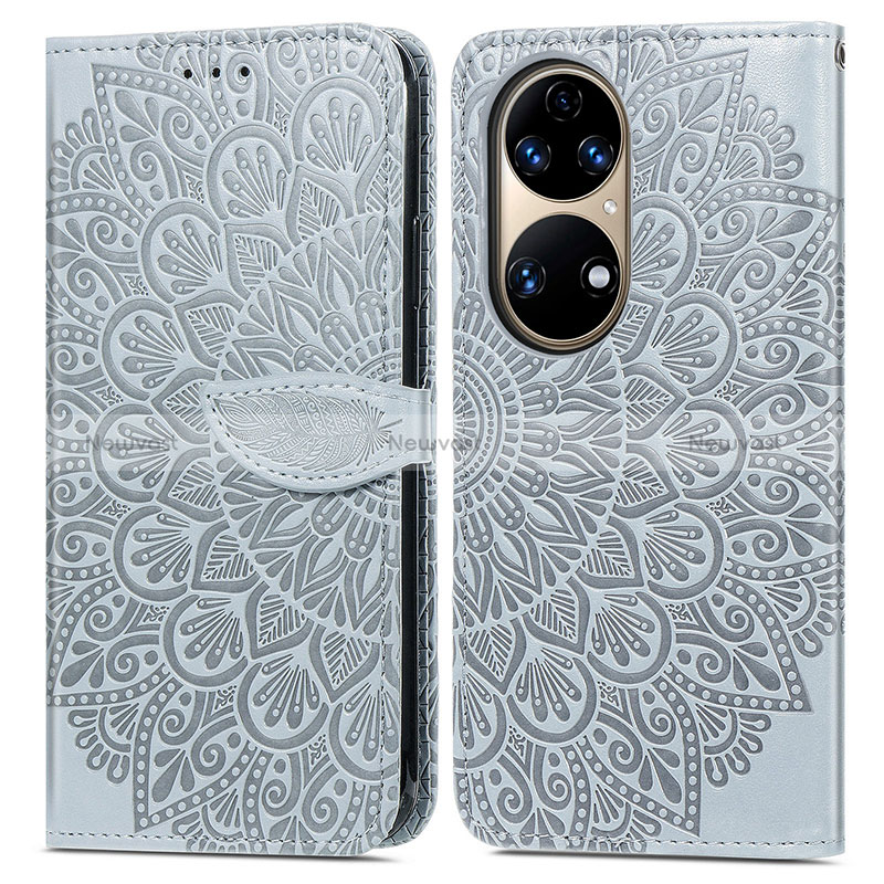 Leather Case Stands Fashionable Pattern Flip Cover Holder S04D for Huawei P50e Gray