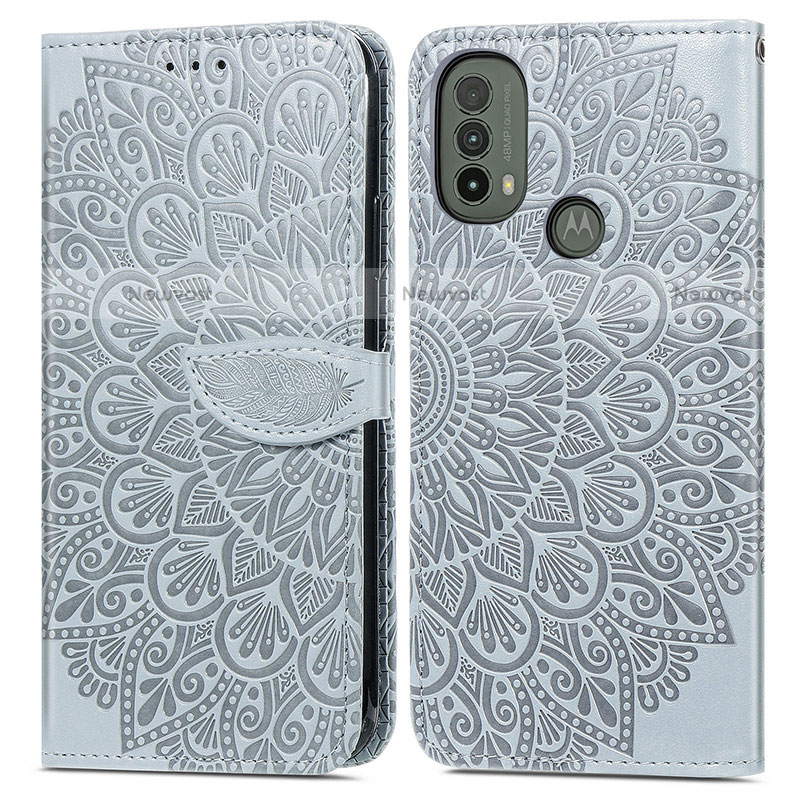 Leather Case Stands Fashionable Pattern Flip Cover Holder S04D for Motorola Moto E30 Gray