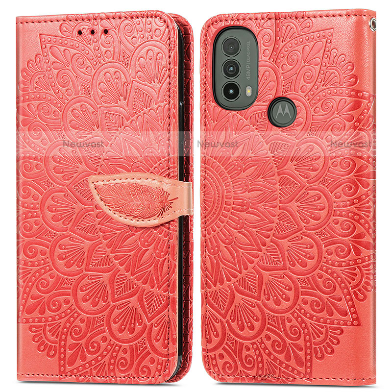 Leather Case Stands Fashionable Pattern Flip Cover Holder S04D for Motorola Moto E30 Red