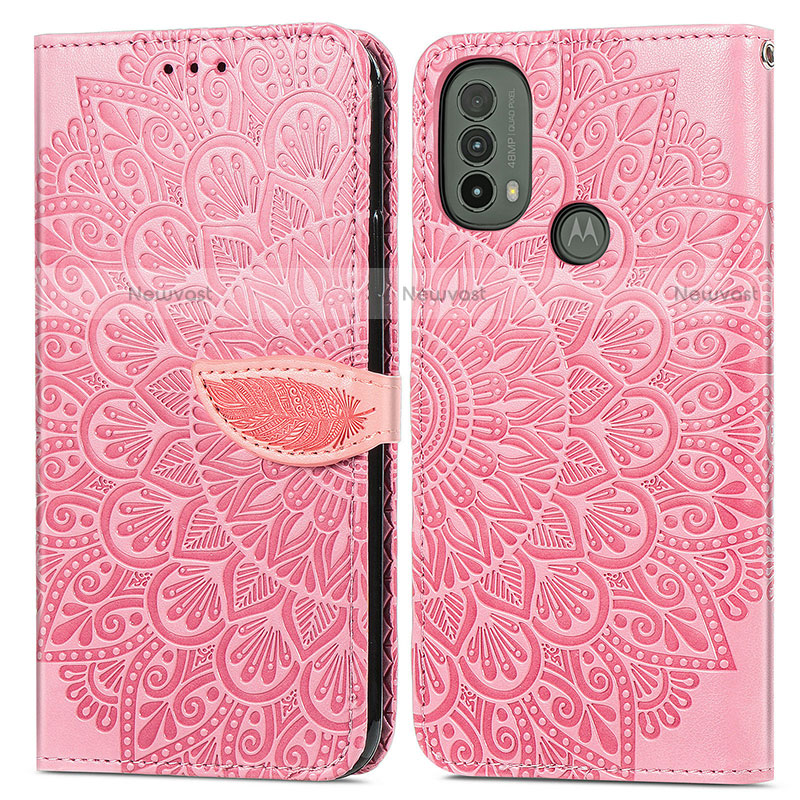 Leather Case Stands Fashionable Pattern Flip Cover Holder S04D for Motorola Moto E30 Rose Gold