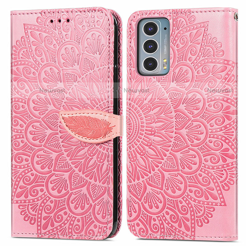 Leather Case Stands Fashionable Pattern Flip Cover Holder S04D for Motorola Moto Edge 20 5G Rose Gold