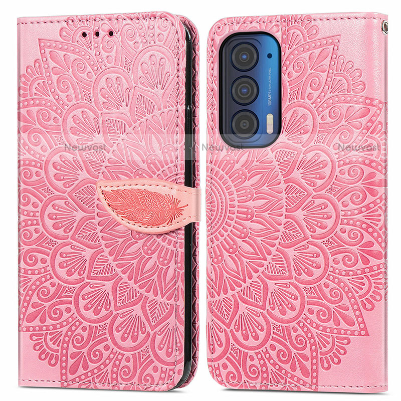 Leather Case Stands Fashionable Pattern Flip Cover Holder S04D for Motorola Moto Edge (2021) 5G Rose Gold