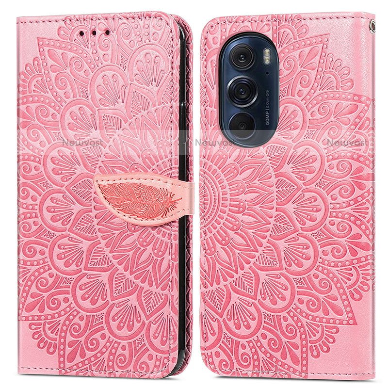 Leather Case Stands Fashionable Pattern Flip Cover Holder S04D for Motorola Moto Edge Plus (2022) 5G Rose Gold