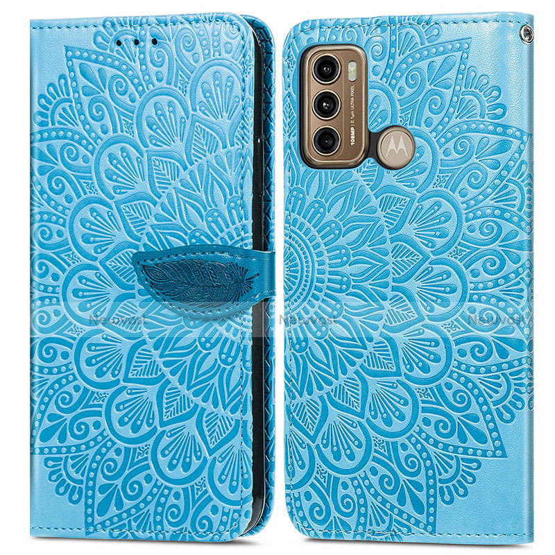 Leather Case Stands Fashionable Pattern Flip Cover Holder S04D for Motorola Moto G60 Blue