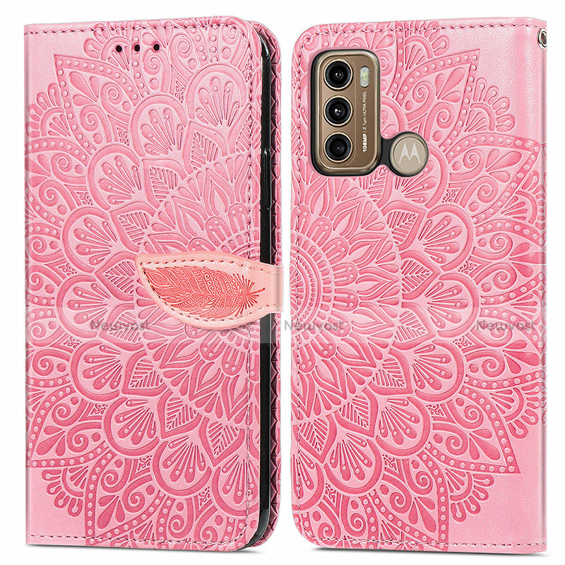 Leather Case Stands Fashionable Pattern Flip Cover Holder S04D for Motorola Moto G60 Rose Gold