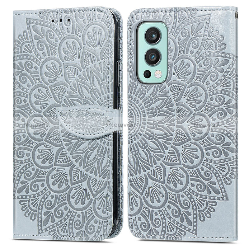 Leather Case Stands Fashionable Pattern Flip Cover Holder S04D for OnePlus Nord 2 5G Gray