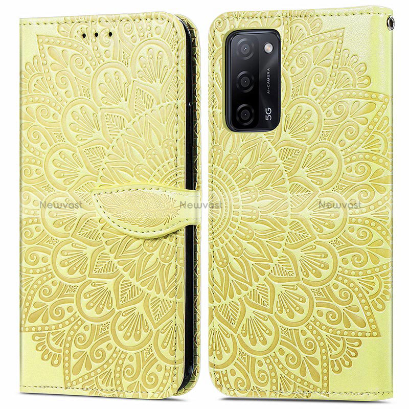 Leather Case Stands Fashionable Pattern Flip Cover Holder S04D for Oppo A53s 5G Yellow