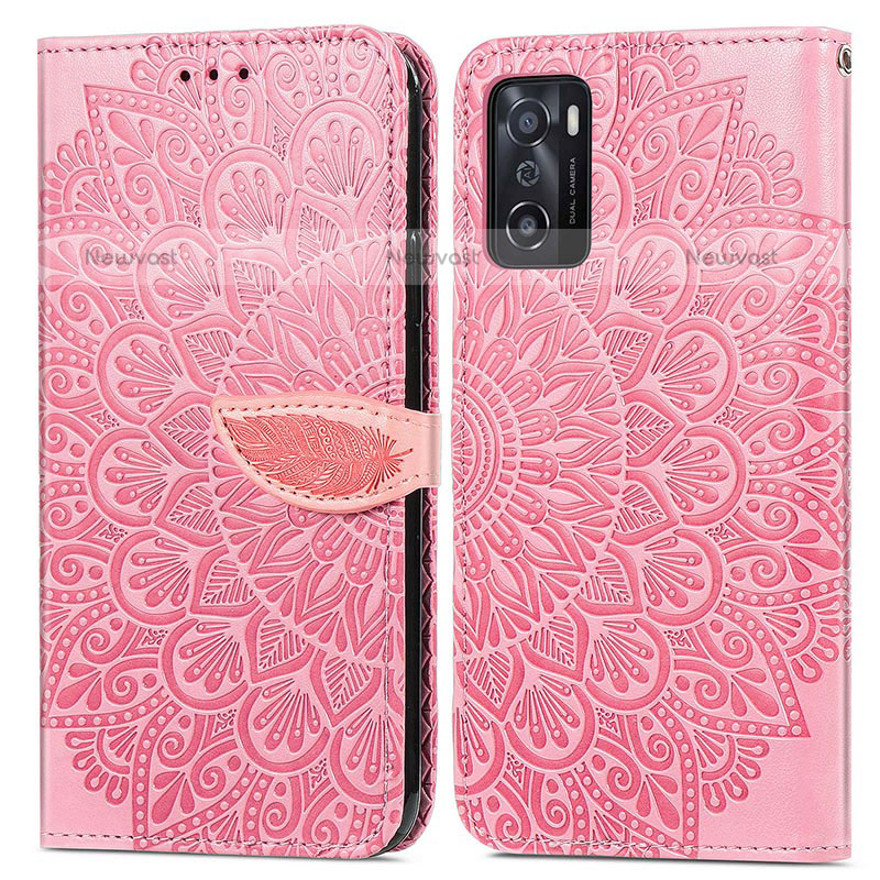 Leather Case Stands Fashionable Pattern Flip Cover Holder S04D for Oppo A55S 5G Rose Gold