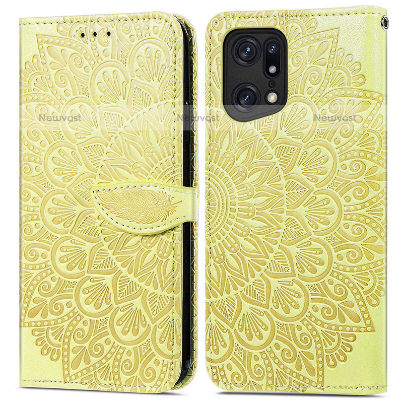 Leather Case Stands Fashionable Pattern Flip Cover Holder S04D for Oppo Find X5 Pro 5G Yellow