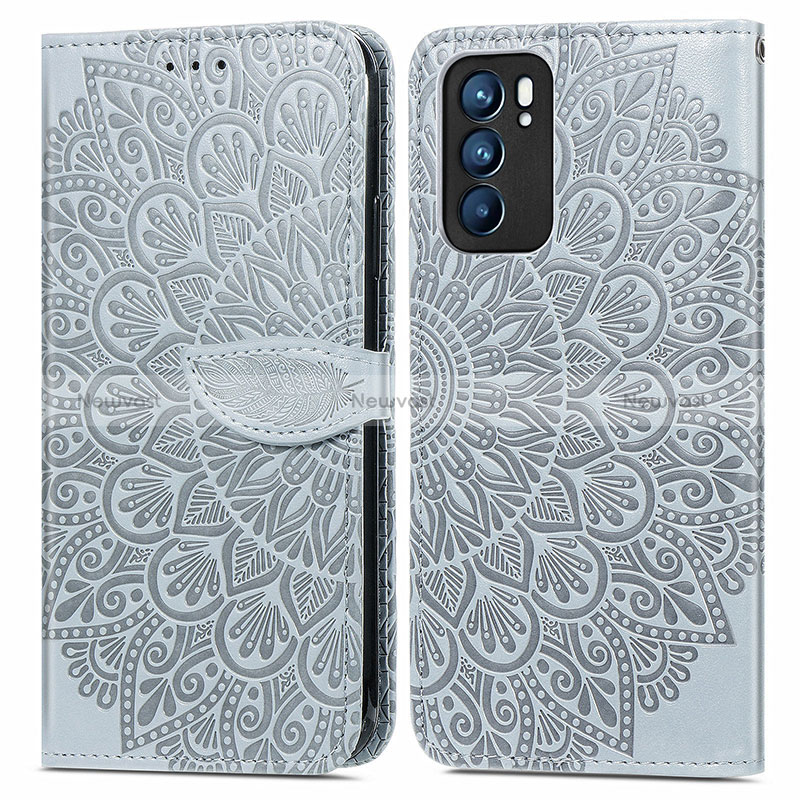 Leather Case Stands Fashionable Pattern Flip Cover Holder S04D for Oppo Reno6 5G Gray