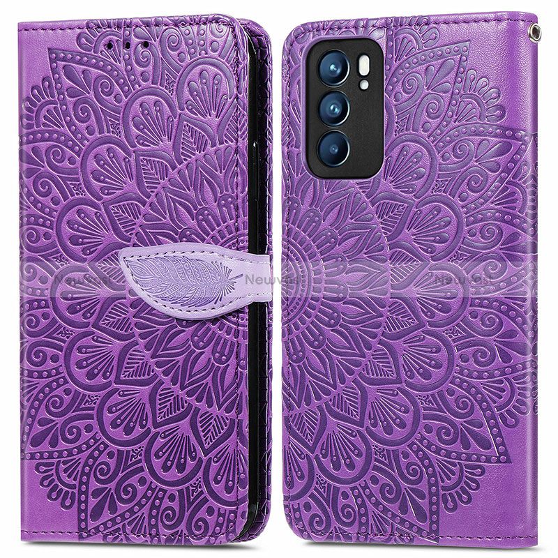 Leather Case Stands Fashionable Pattern Flip Cover Holder S04D for Oppo Reno6 5G Purple