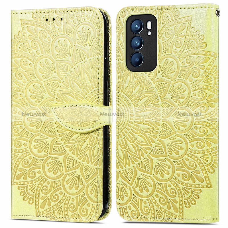 Leather Case Stands Fashionable Pattern Flip Cover Holder S04D for Oppo Reno6 5G Yellow