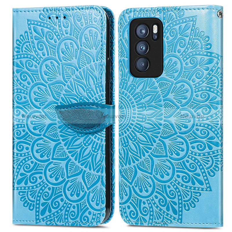 Leather Case Stands Fashionable Pattern Flip Cover Holder S04D for Oppo Reno6 Pro 5G India Blue