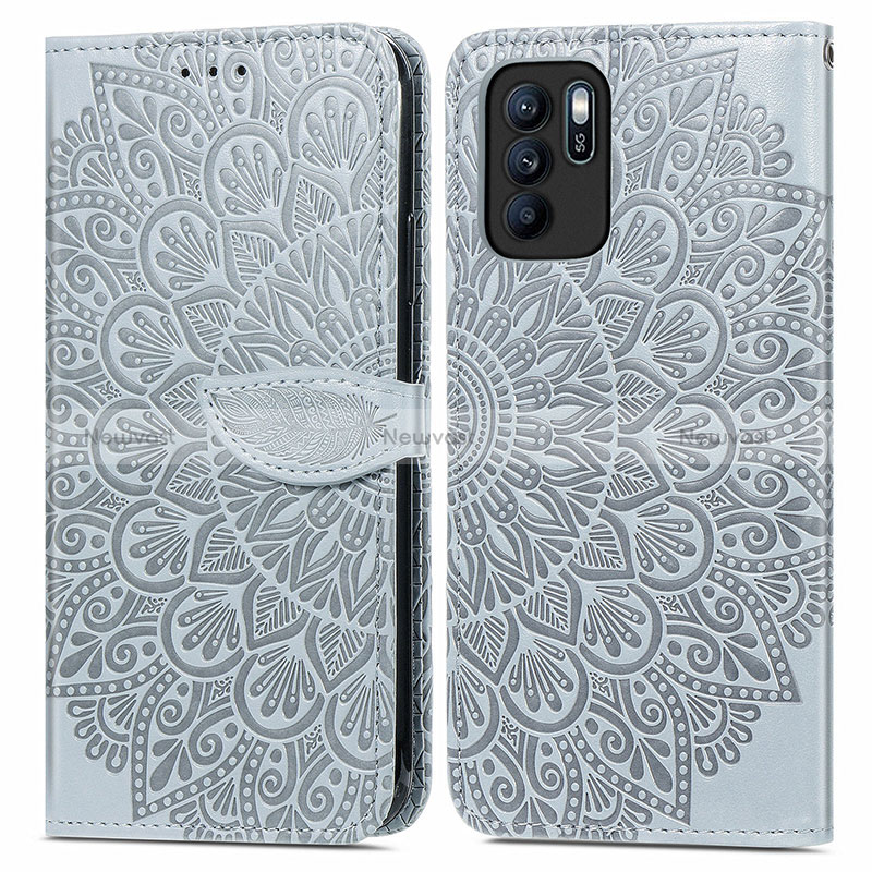 Leather Case Stands Fashionable Pattern Flip Cover Holder S04D for Oppo Reno6 Z 5G Gray