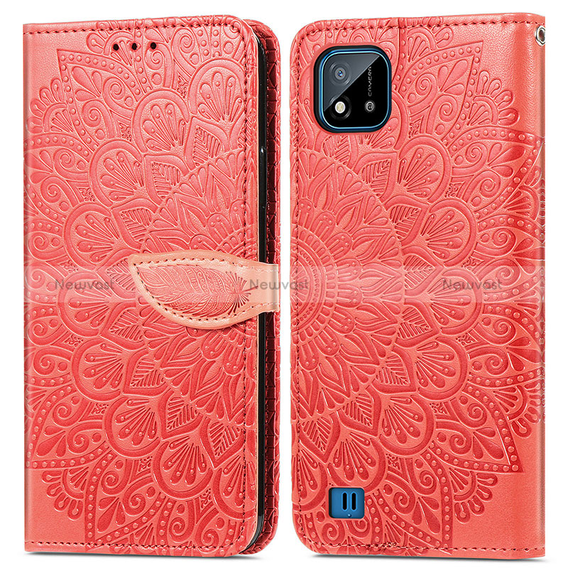 Leather Case Stands Fashionable Pattern Flip Cover Holder S04D for Realme C20 Red