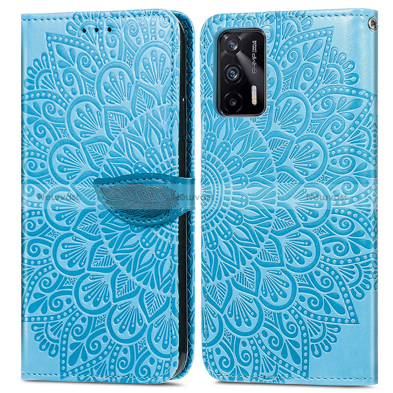 Leather Case Stands Fashionable Pattern Flip Cover Holder S04D for Realme Q3 Pro 5G Blue