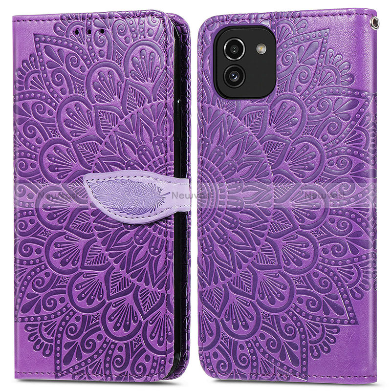 Leather Case Stands Fashionable Pattern Flip Cover Holder S04D for Samsung Galaxy A03 Purple