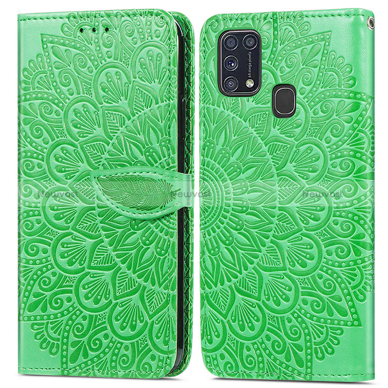 Leather Case Stands Fashionable Pattern Flip Cover Holder S04D for Samsung Galaxy M21s Green