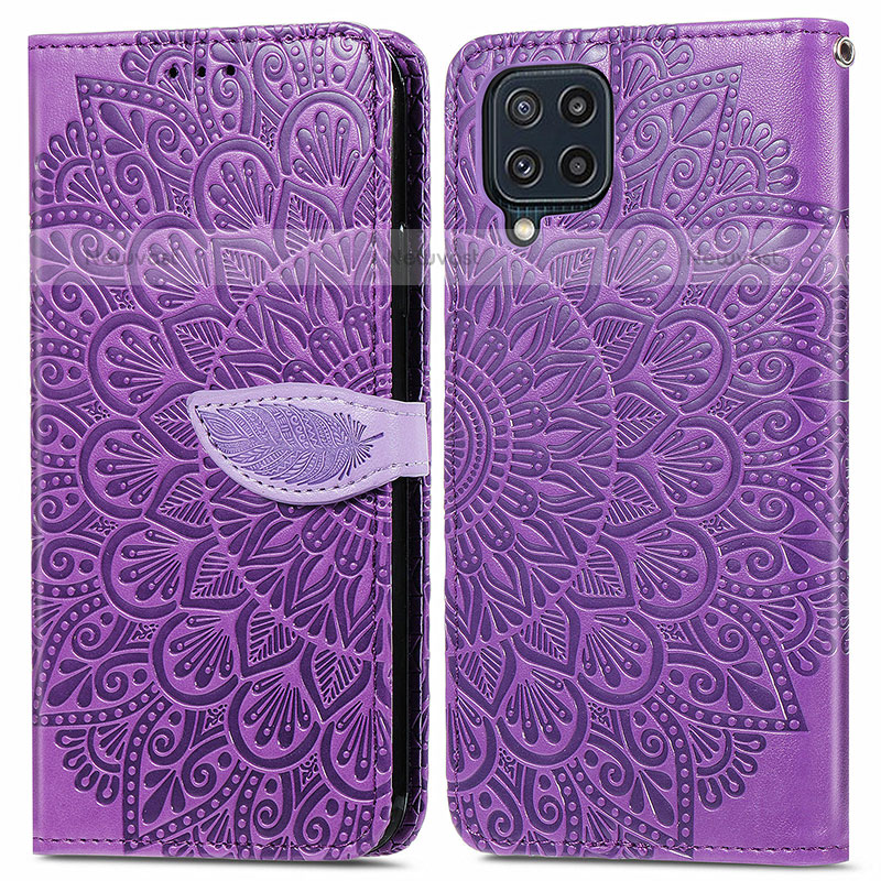 Leather Case Stands Fashionable Pattern Flip Cover Holder S04D for Samsung Galaxy M32 4G Purple