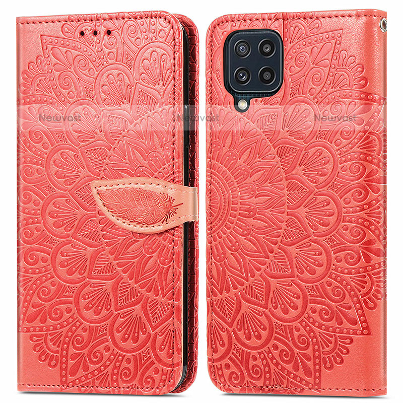 Leather Case Stands Fashionable Pattern Flip Cover Holder S04D for Samsung Galaxy M32 4G Red