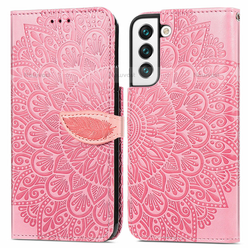 Leather Case Stands Fashionable Pattern Flip Cover Holder S04D for Samsung Galaxy S22 5G Rose Gold