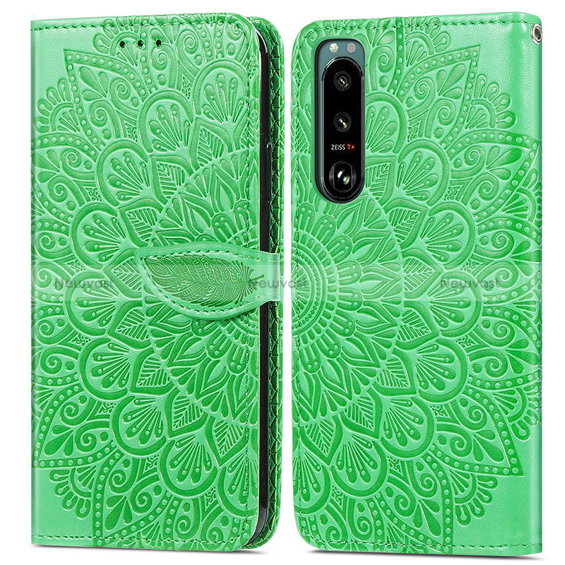 Leather Case Stands Fashionable Pattern Flip Cover Holder S04D for Sony Xperia 5 III Green