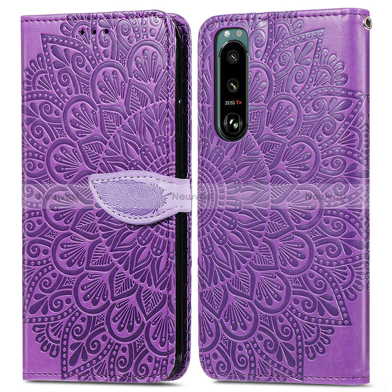 Leather Case Stands Fashionable Pattern Flip Cover Holder S04D for Sony Xperia 5 III Purple