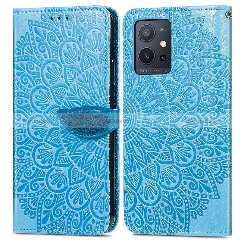 Leather Case Stands Fashionable Pattern Flip Cover Holder S04D for Vivo iQOO Z6 5G Blue