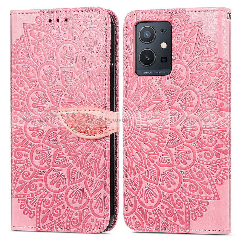 Leather Case Stands Fashionable Pattern Flip Cover Holder S04D for Vivo iQOO Z6 5G Rose Gold